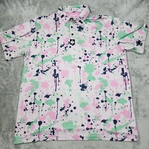 Pins & Aces Polo Shirt Mens 2XL White Pink Green Splatter Golf All Over Print